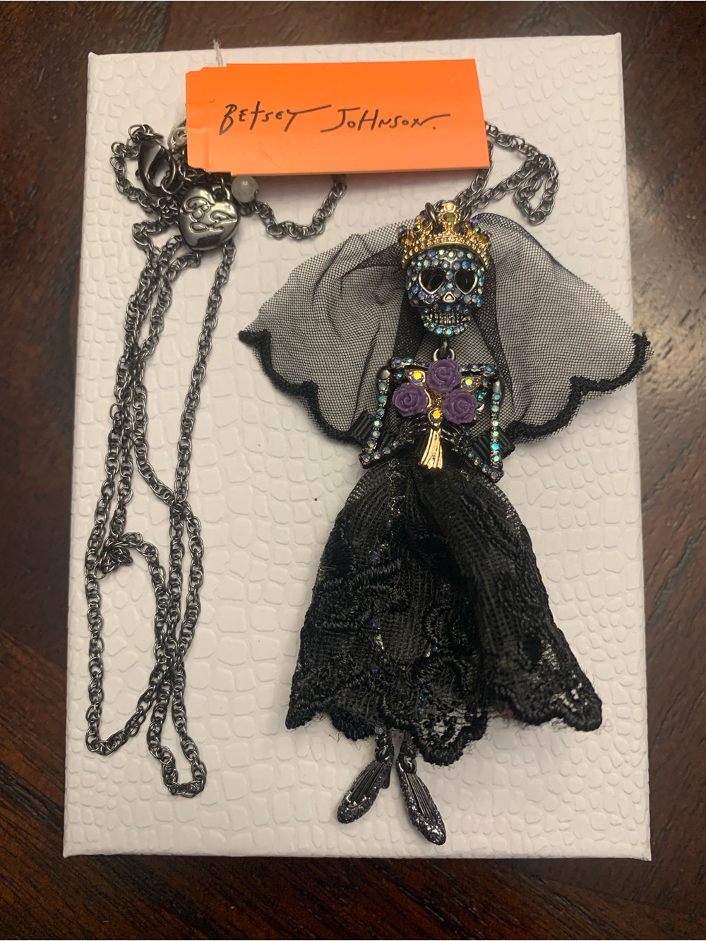 Betsey Johnson Black & Purple Skull Bride Pendant Necklace